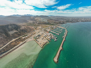 Fototapeta premium Aerial view of the main dock, Marina Palmira, in La Paz, Baja California Sur, Mexico