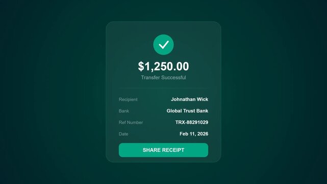 Successful Money Transfer Confirmation with Transaction Details and Share Receipt Option