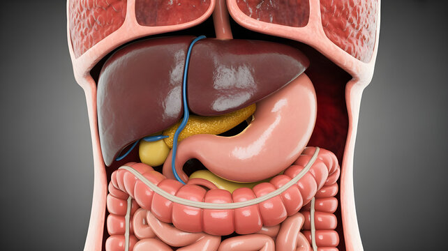 Detailed, realistic 3D rendering of the human digestive system, showing mouth, tongue, teeth, esophagus, stomach, small and large intestines, liver, pancreas, gallbladder, anatomical accuracy
