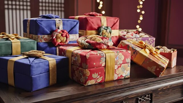 several colorful gift boxes stacked on a table. The vibrant gift boxes showcase intricate designs and various ribbon styles, enhancing their festive appeal.