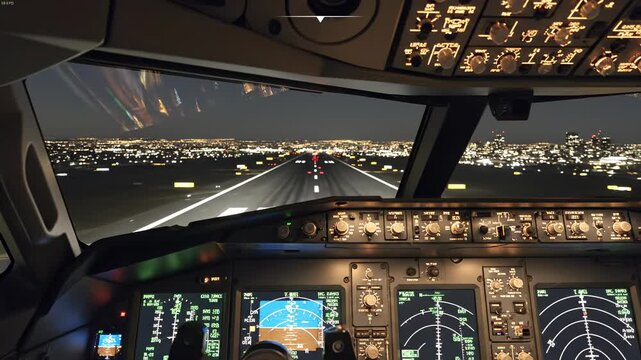 Cockpit view during night landing at airport. Pilot controls aircraft with precision. City lights illuminate runway, creating vibrant atmosphere. Aviation scene captures excitement and skill.