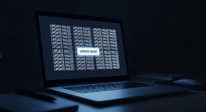 Laptop screen locked in endless update failure loop cool screen glow illuminating dark workspace