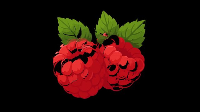 Two Red Raspberries with Green Leaves on Black Background