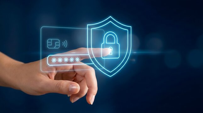 Cybersecurity concept of a hand touching a virtual interface to enter a password, featuring glowing holographic shield, padlock, and credit card icons representing secure online banking and payment pr