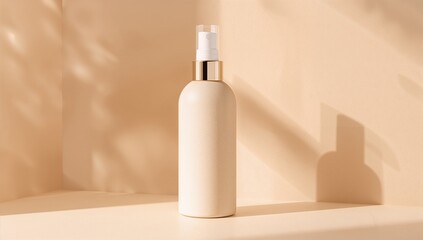 White Cosmetic Bottle with Gold Accent on Beige Background with Soft Natural Light