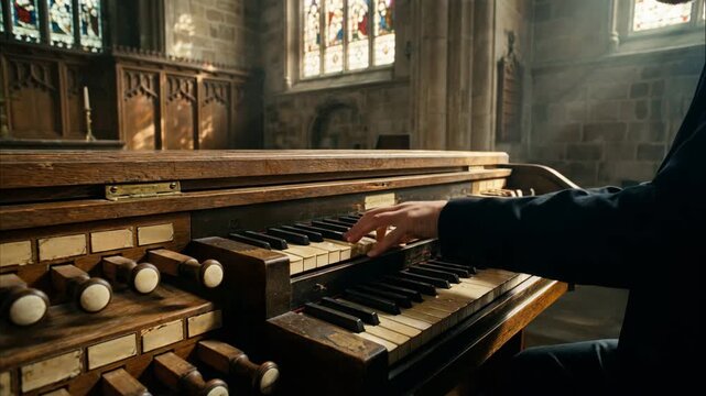 close up of pipe organ keyboards inside historic church