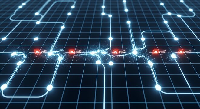 Abstract server network visualization where glowing nodes disconnect error icons replacing data pathways in a clean cybernetic grid