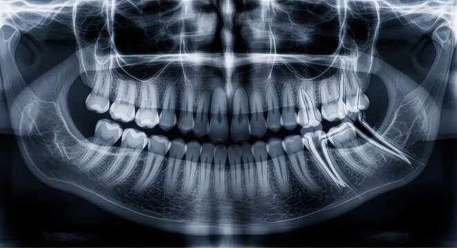 Panoramic dental x-ray showcasing jaw, teeth and roots in grayscale
