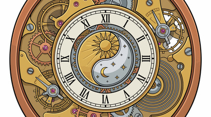 Obraz premium Detailed vector illustration of a mechanical clock movement featuring gears, Roman numerals and a sun-moon celestial dial, concept for complex engineering, time management and antique artwork