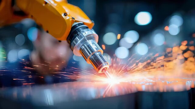 Collaborative robot arm laser cutting metal with sparks in a modern factory, automation and Industry manufacturing
