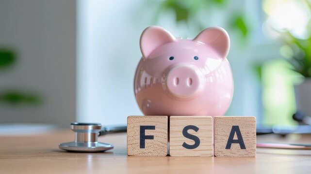 Pink piggy bank with wooden blocks spelling FSA and a stethoscope on a wooden table representing financial savings and healthcare