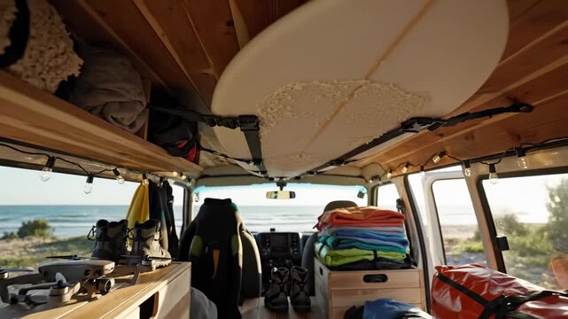 Surfboard and gear inside a van with ocean view at sunset  