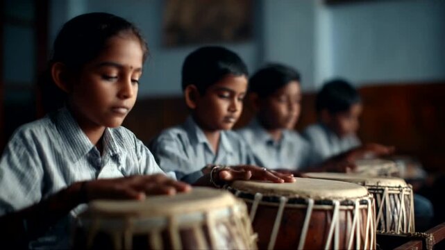 Young Boys Playing Tabla Drums Together.