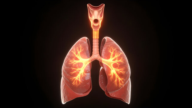 High-resolution anatomical illustration of human respiratory system, including lungs, trachea, bronchi, bronchioles, alveoli, and diaphragm, realistic textures, glowing oxygen flow effect