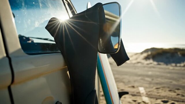 Vintage van parked by the beach with sun shining in background . Concept: Travel and Comfort   