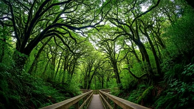 Wooden boardwalk path through a lush green temperate rainforest with mossy trees.