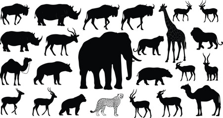 African safari wildlife silhouettes collection isolated on white background, wild animals including elephant, giraffe, lion, rhino and antelope species set © Jakir