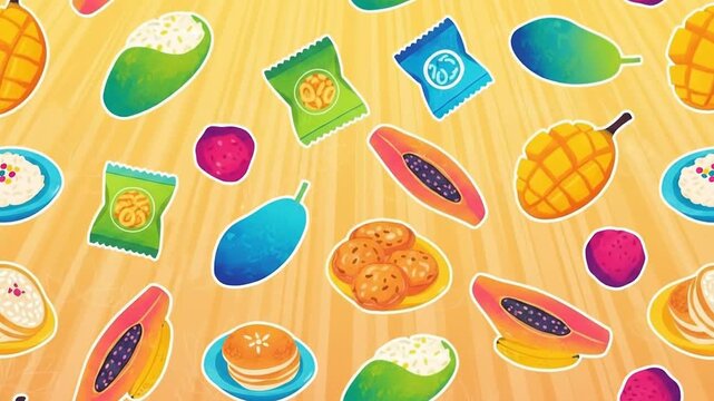 Colorful street food pattern background with tropical fruit and snack illustrations creating vibrant playful design full of energy and flavor