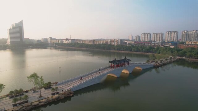 Baogong Lake Bridge and Kaifeng Skyline Aerial View