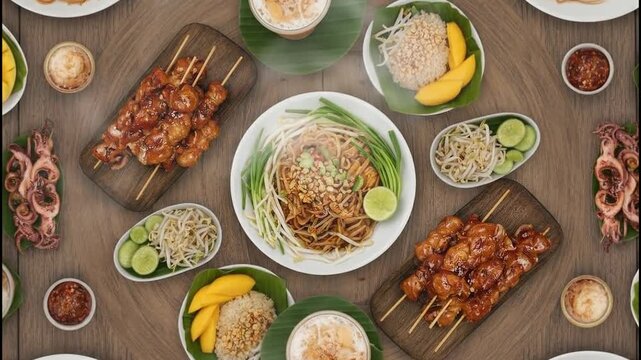 Street food pattern background with grilled skewers mango sticky rice and noodles on wooden table creating vibrant appetizing meal scene