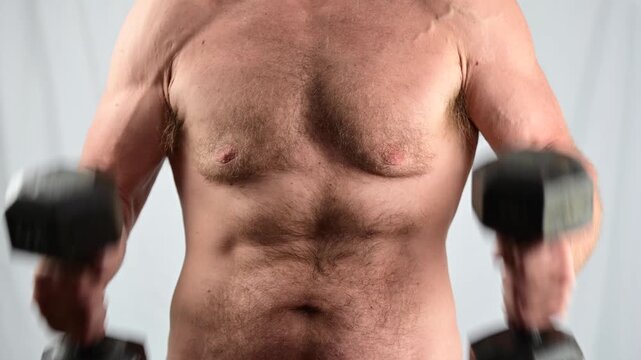 Average build muscular fat guy, lifting weights, flexing, body isolated on white background