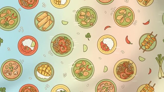 Street food pattern background featuring colorful dishes with noodles, rice, spring rolls, and vibrant appetizing food design full of flavor