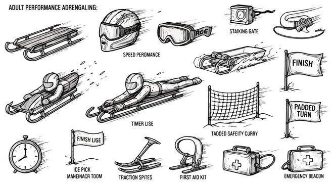 Collection of Winter Sports Equipment and Accessories for Adrenaline Sports like Bobsledding and Luge, Hand-Drawn Style