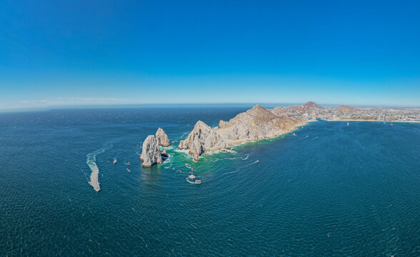 Aerial view of the Arch of Cabo San Lucas, the tip of Baja California Sur, Mexico.