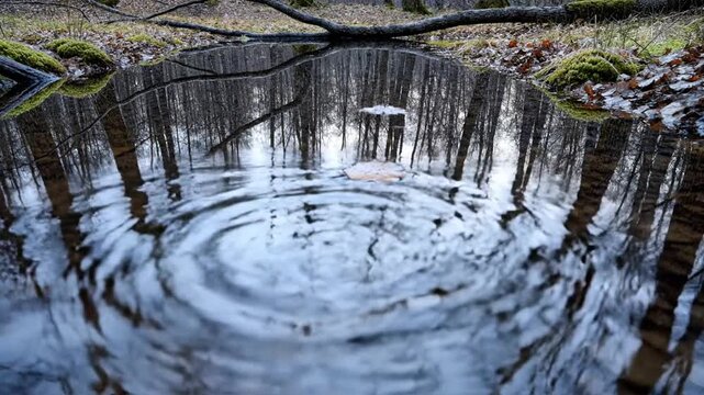 Vantage of a peaceful forest pond with leafless trees reflected in water
