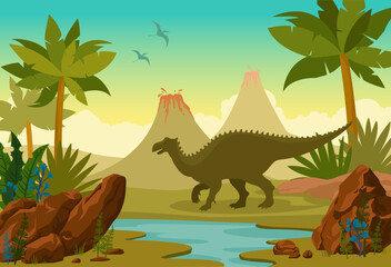 Prehistoric nature landscape with dinosaurs -iguanodon and pterodactyls, palm trees, blue river, stones, ansient plants and erupting volcanos. Vector illustration with prehistoric animal wildlife.