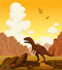 Prehistoric landscape with tyranosaur t-rex, mountains, desert and pterodactyls. Vector illustration with extinct plants and animals. Image with dinosaurs.