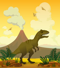 Prehistoric landscape with tyranosaur t-rex, ferns, eruption volcano and pterodactyls. Vector illustration with extinct plants and animals. Image with dinosaurs.