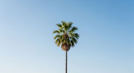 Fototapeta premium Tall palm tree against a clear, gradient blue sky, midday sunlight