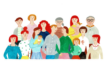 祖父母から赤ちゃんまで三世代が集う大家族の集合水彩イラスト