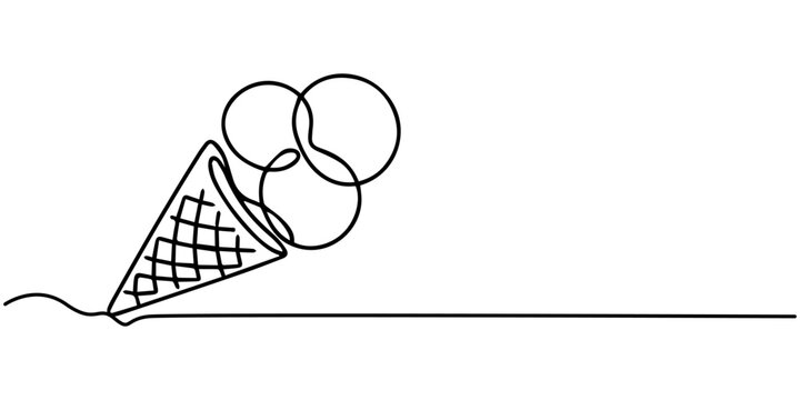 Ice cream balls in waffle cone in continuous line art drawing style. one line Art icon drawing, Ice cream in a waffle cone in one line art style. Minimalist illustration of a summer dessert drawn