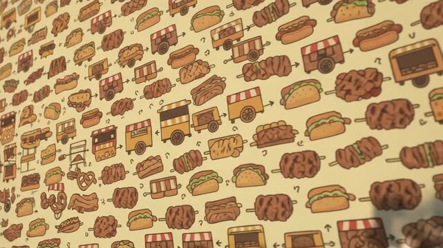 Street food pattern background with hot taco cart illustrations and colorful grilled meat snacks creating lively and appetizing food design