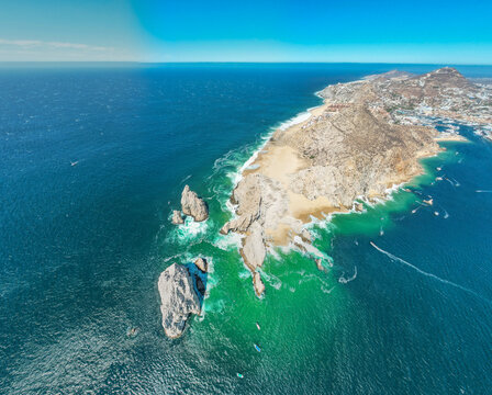 Aerial view of the Arch of Cabo San Lucas, the tip of Baja California Sur, Mexico.