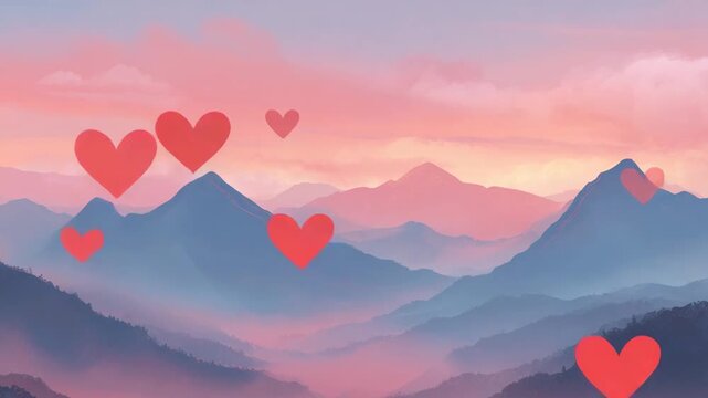 Valentine themed mountain valley scene with misty layered hills at sunrise and faint heart shapes appearing in the pastel colored sky