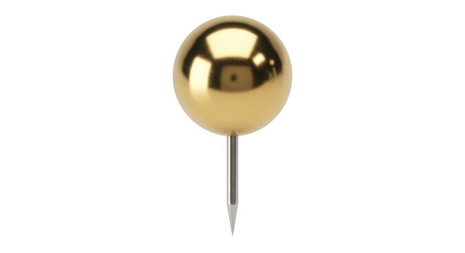 Gold push pin isolated PNG on transparent background, shiny metallic thumbtack for office supplies and bulletin boards