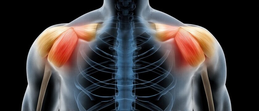 3d render of shoulder muscle with x-ray view of upper chest muscles and clavicle bones illuminated against a dark background