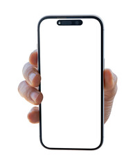 Close up hand holding smartphone with blank display isolated on transparent background