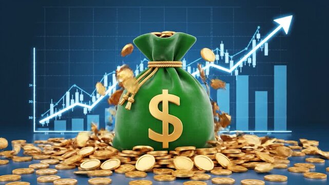 A green money bag with a dollar sign sits in front of a rising financial graph.