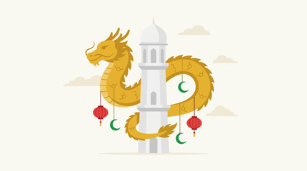 Obraz premium Golden Chinese dragon coiled around a white mosque minaret with lanterns and crescent moons on white background, concept for cultural diversity, religious harmony and holiday greeting card
