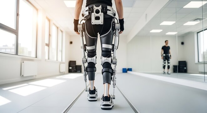 Person wearing a futuristic exoskeleton suit to assist with walking and mobility, in a rehabilitation or research facility.