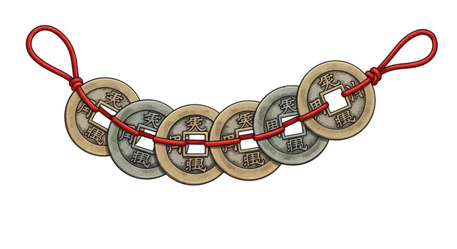Isolated Illustration of Seven Antique Chinese Cash Coins on Red Cord for Feng Shui