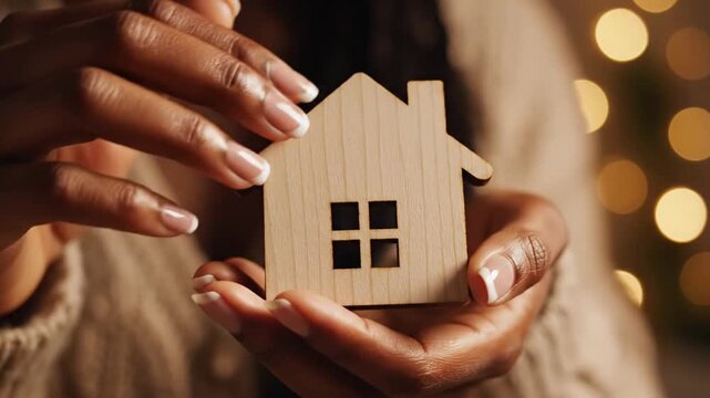 Hands gently cupping a tiny wooden house, with warm, blurred lights in the background