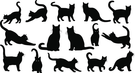 Cat silhouette collection isolated on white background, various playful and sitting feline poses set for pet design and animal illustration © Jakir