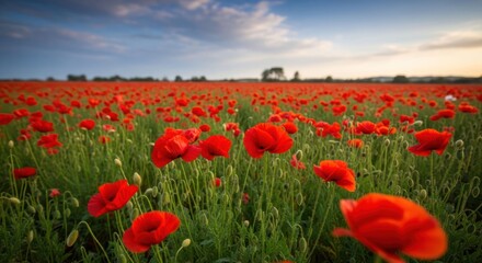 Vast field of vibrant red poppies under a soft, diffused sunlight sky