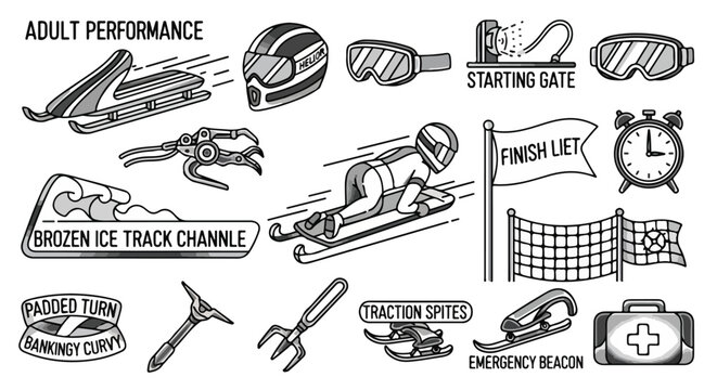 Hand-drawn vector icons set of skeleton bobsledding and luge winter sports equipment. Collection includes gear, track elements, and safety items for adult performance.
