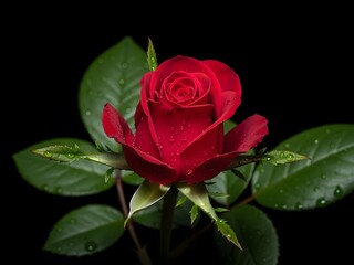 Vibrant red rose with fresh water droplets on petals and leaves, isolated on a dark black background, symbolizing love and beauty.